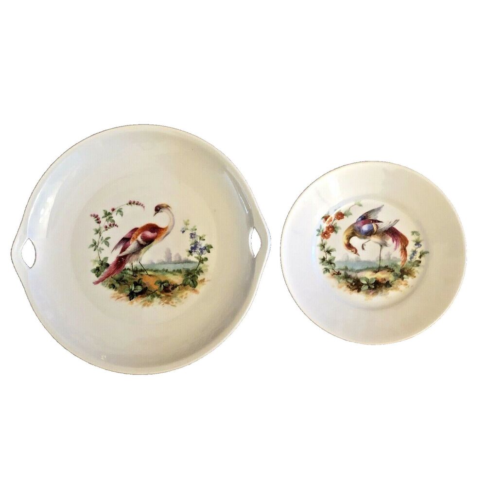 Exotic Bird Plates Porcelain PK Unity Server Trays Handpainted Peacocks Set of 2